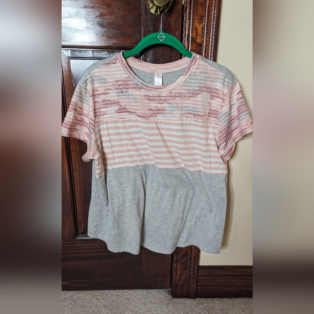 Grey, pink striped and camo tshirt